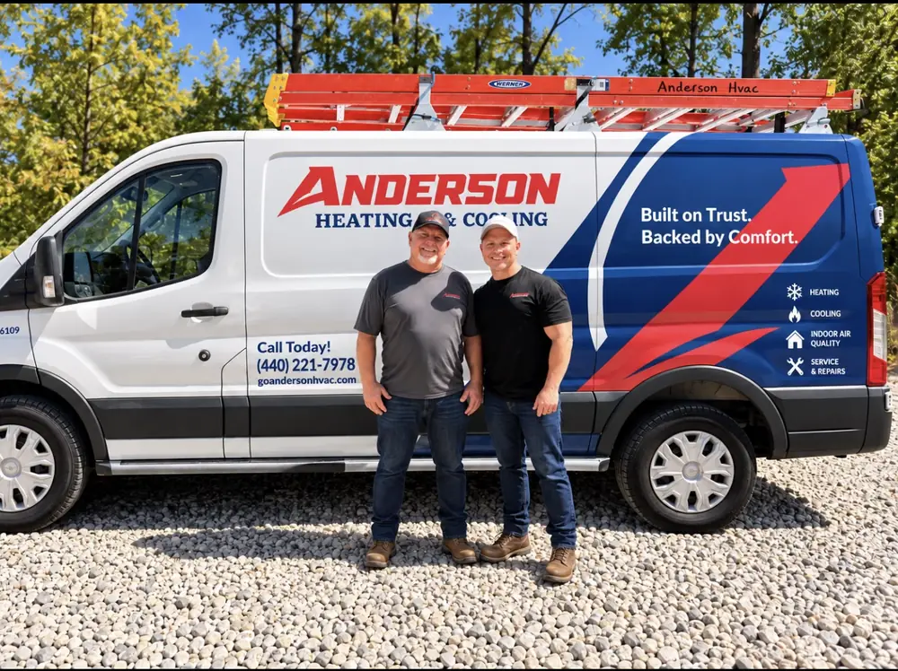The owner of Anderson Heating & Cooling and his son, the second generation, standing in front of an Anderson service van